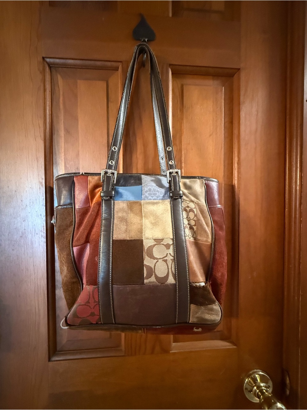 CoachaVintage Patchwork Tote in Brown, Tan, Blue and Red Accents